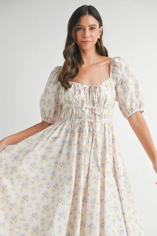 Floral Drawstring Puff Sleeve Midi Dress in White, Yellow, Blue
