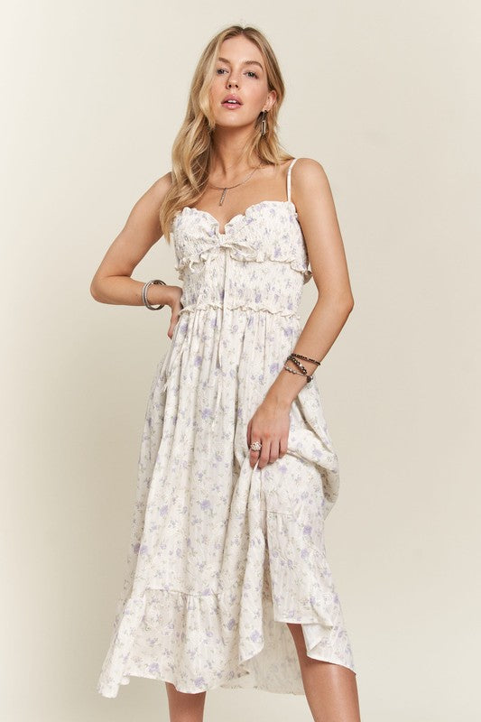 White and Purple Floral Smocked Flowy Cotton Dress