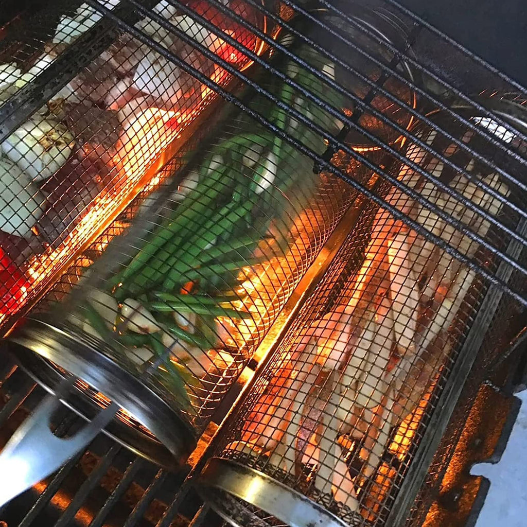 Rolling Grilling Basket Stainless Steel BBQ Cylinder for Veggies