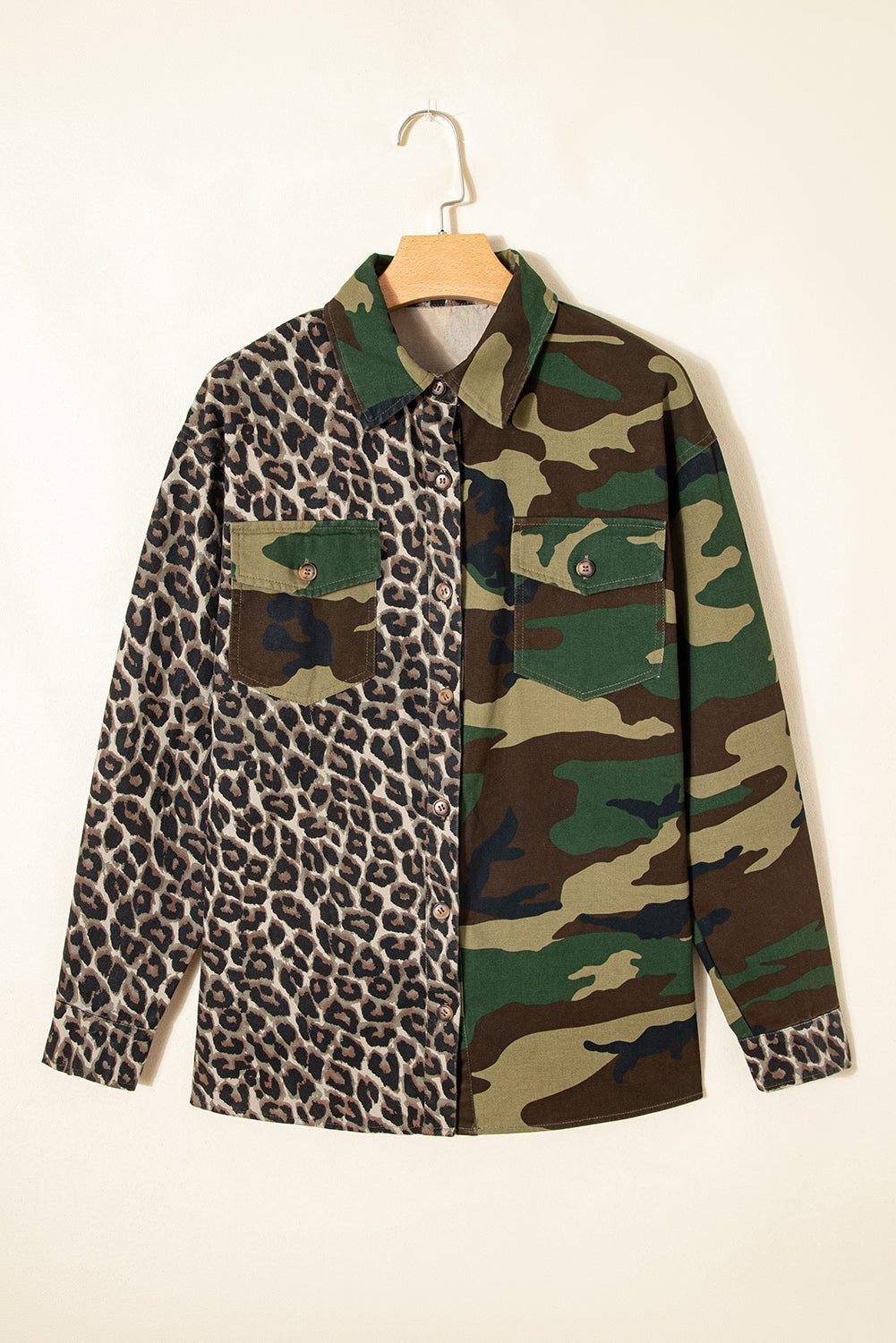 Women's Leopard Camo Patchwork Oversized Button-Up Shacket
