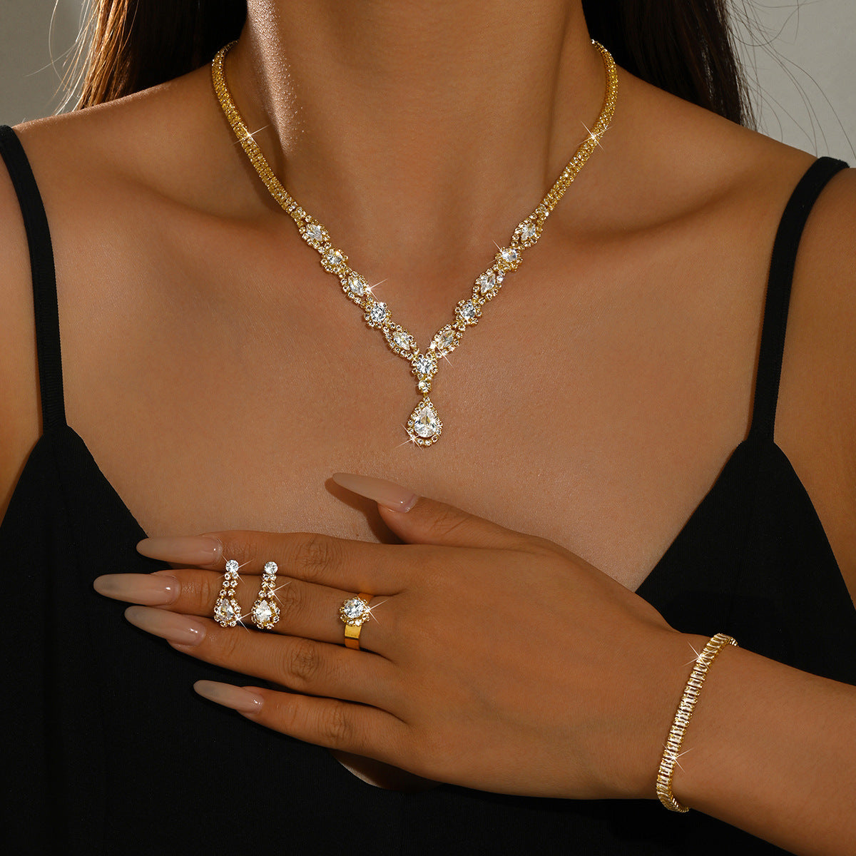 Women 4 Pcs Gold Tone Rhinestone Jewelry Set,Necklace Dangle Earrings Bracelet Ring,Glamorous Bridal Costume Accessories For Wedding Banquet Party Occasion