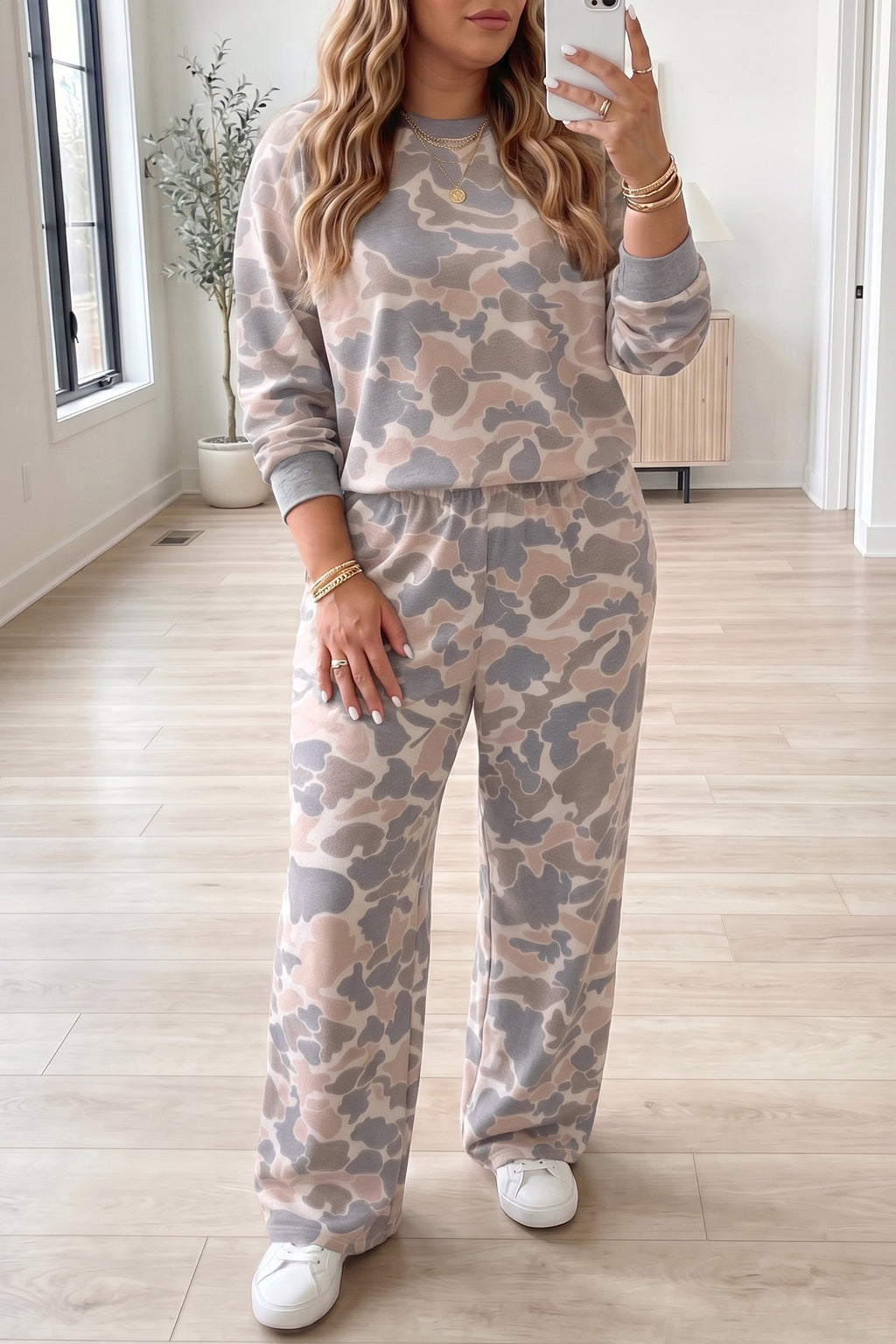 Multicolour Camouflage Long Sleeve Round Neck Two-Piece Plus Size Set