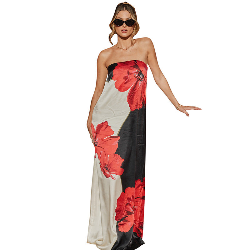 Contrast Color Sleeveless Satin Floral Tube Top Long Dress