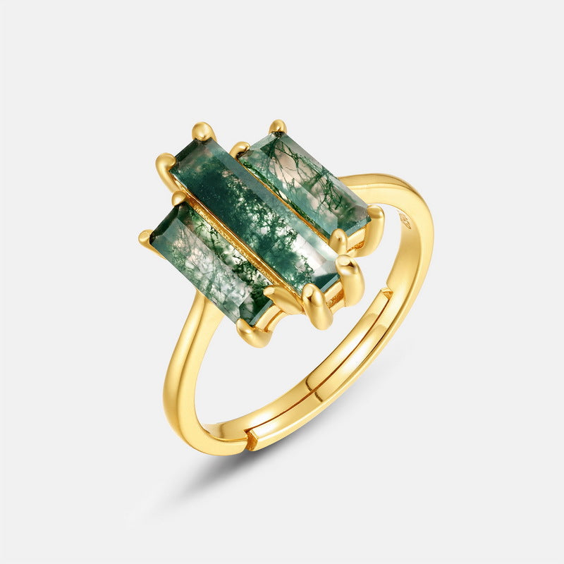 Statement Bold Natural Green Moss Agate Index Finger S925 Silver-Inlaid Aquamarine Agate Ring