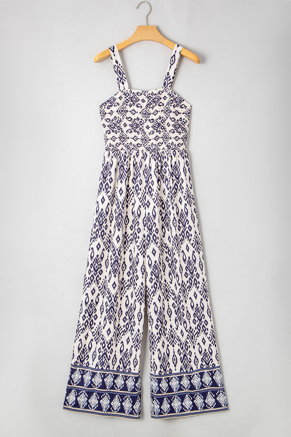 Blue Boho Geometric Print Smocked High Waist Wide Leg Jumpsuit