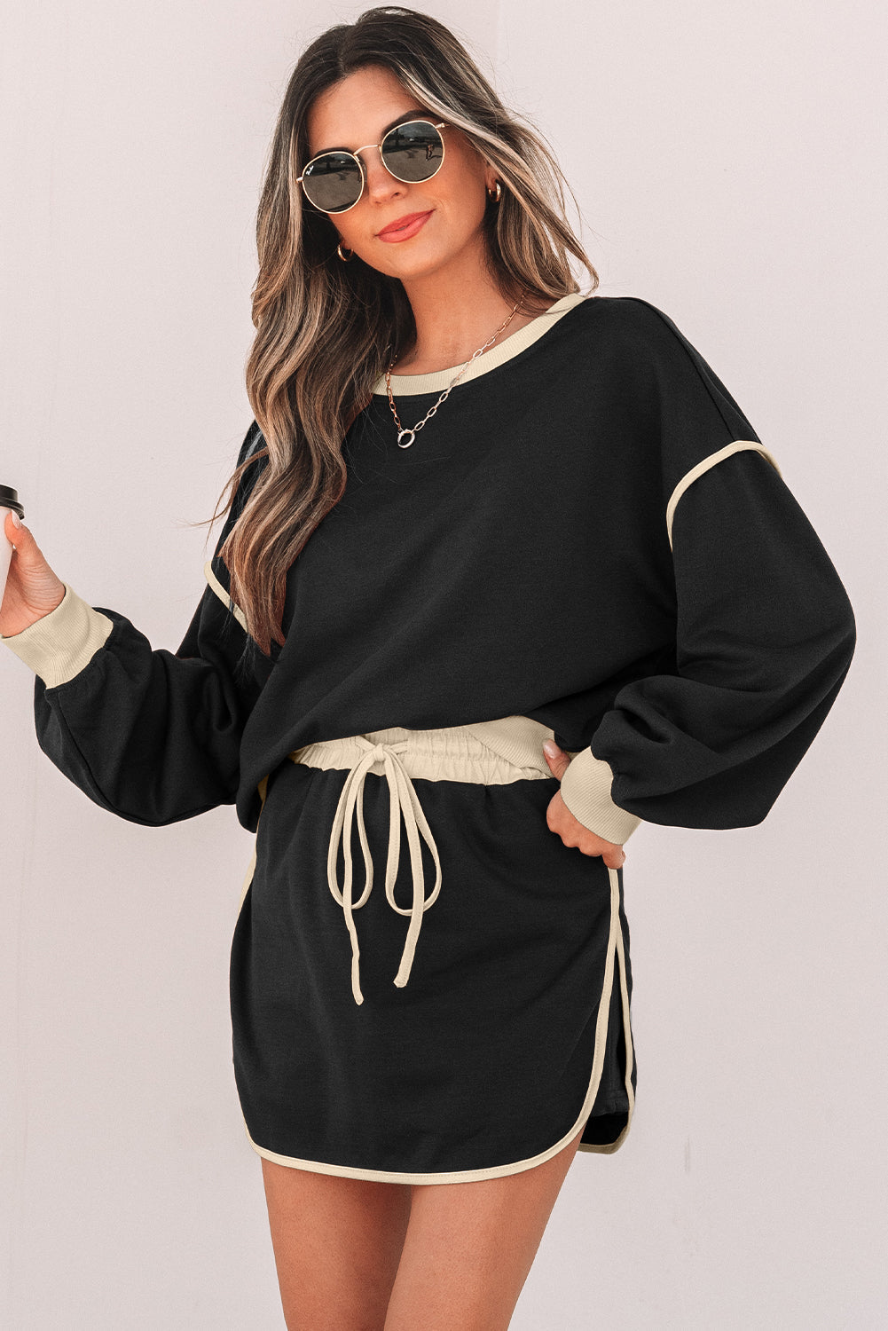 Black Contrast Loose Pullover & Lace-up Skort Set