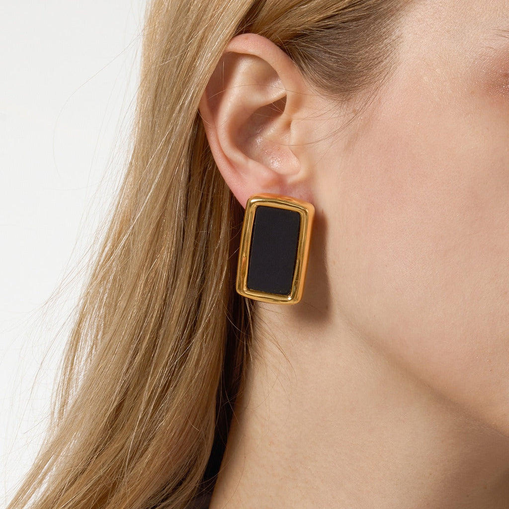 Modern 18K Gold and Black Acrylic Titanium Steel Stud Earrings