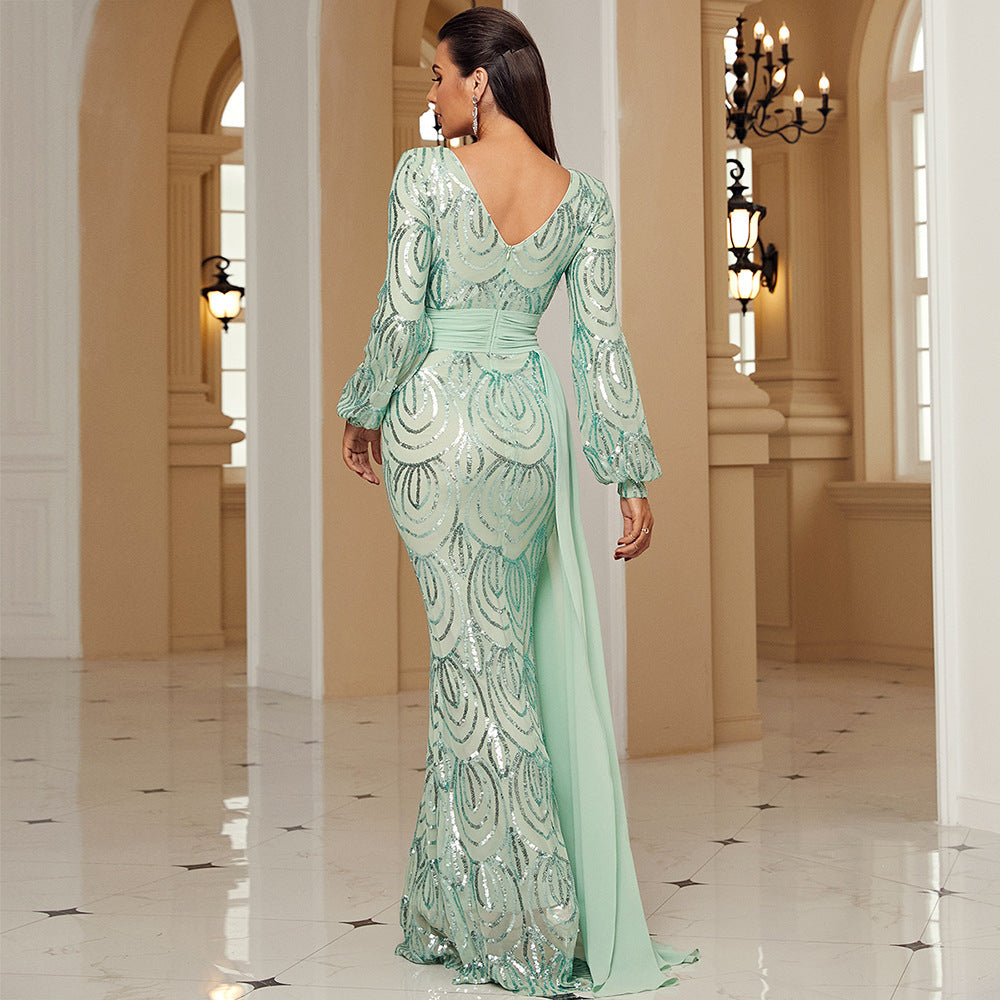Sequined V-Neck Long Sleeve Evening Dress in Mint Green