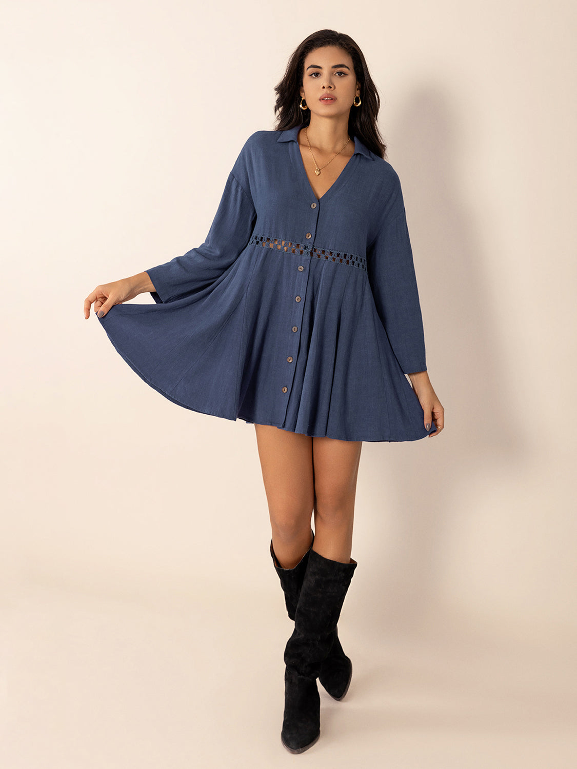 Dusty Blue Long Sleeve Mini Dress with Cutout & Buttons