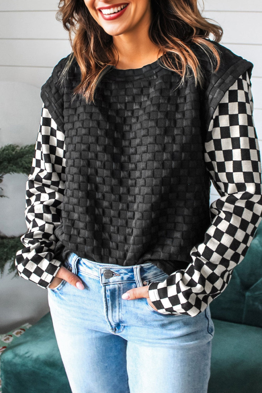 Checker Textured Patchwork Long Sleeve Top