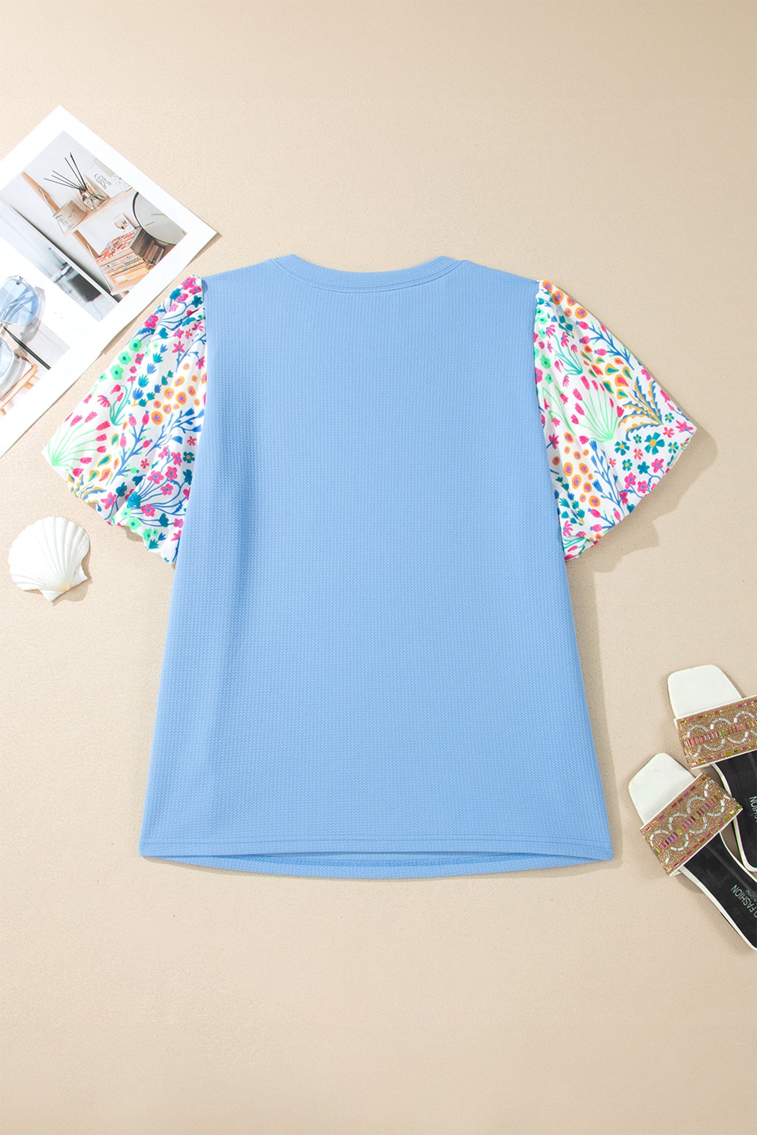 Floral Patchwork Puff Sleeve Textured Top