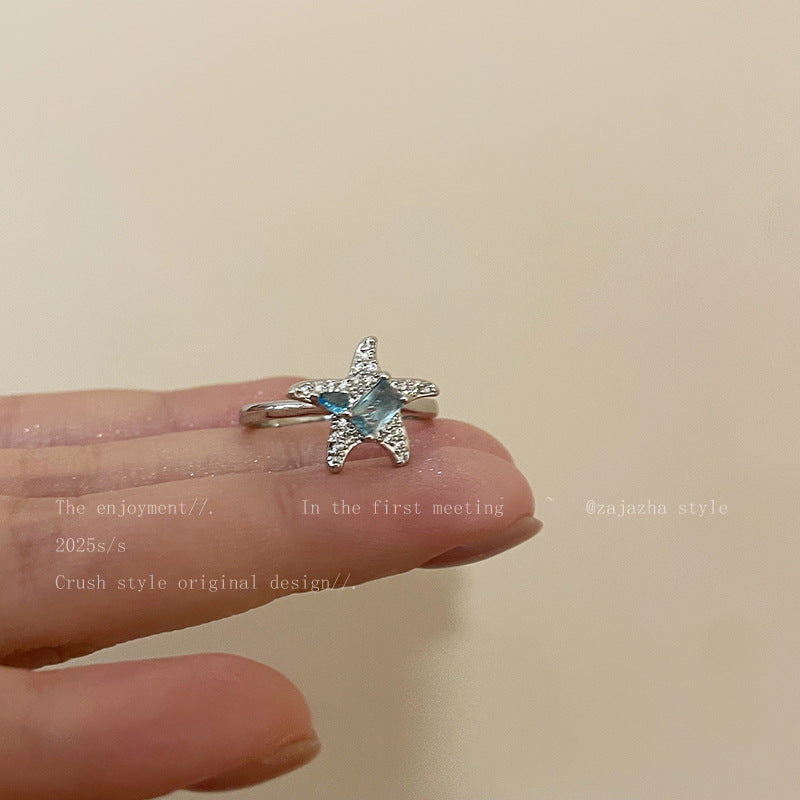 Blue Star Zircon Ring For Women, Luxury Niche High-End Index Finger Ring, Fashion Stackable Adjustable Band