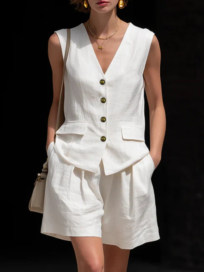 Women Cotton Linen Sleeveless Button Vest and Shorts Set - Image 10