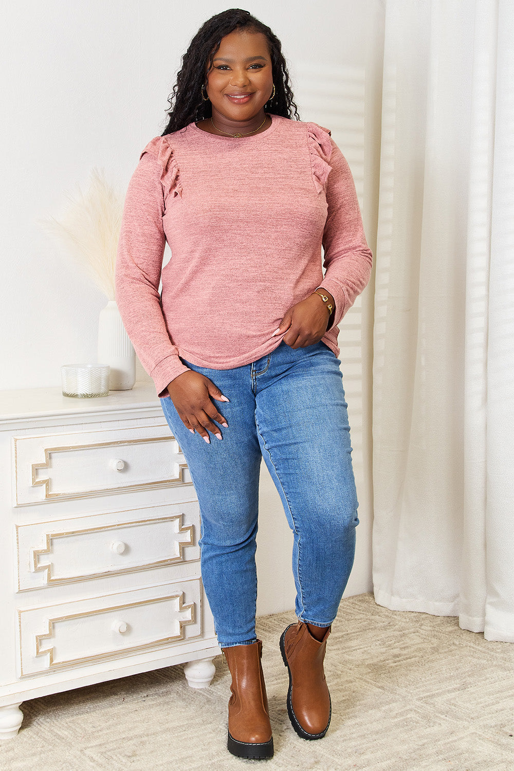 Ruffle Shoulder Long Sleeve T-Shirt | Stretchy Opaque Tee
