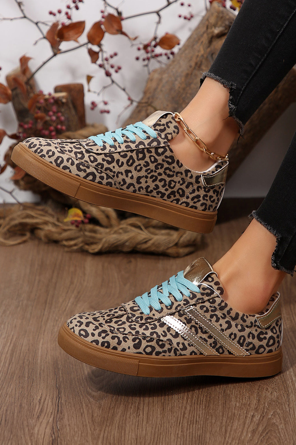 Coffee Faux Suede Leopard Print Sleek PU Leather Detail Lace Up Sneakers