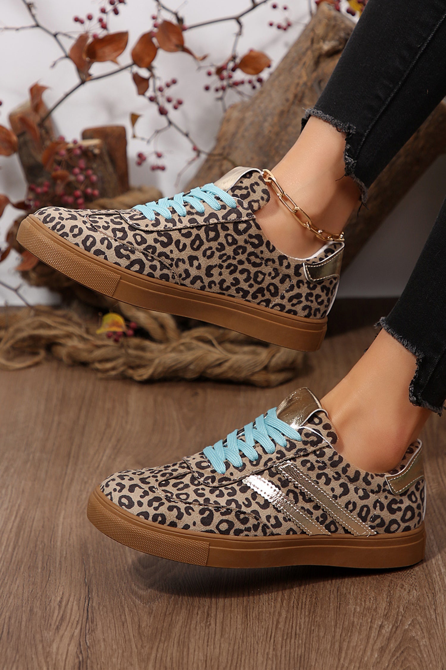 Coffee Faux Suede Leopard Print Sleek PU Leather Detail Lace Up Sneakers