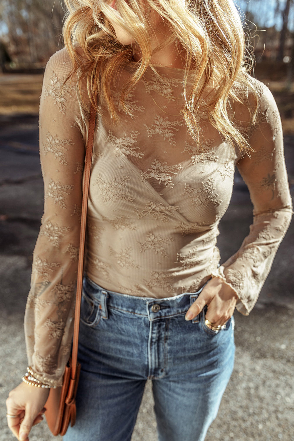 Lace Mesh Crochet Long Sleeve Blouse