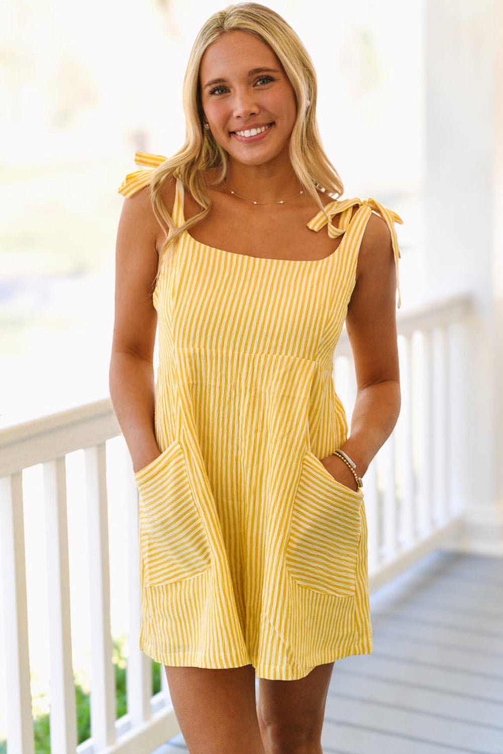 Yellow Stripe Wide Leg Romper with Tie Straps and Smocked Back