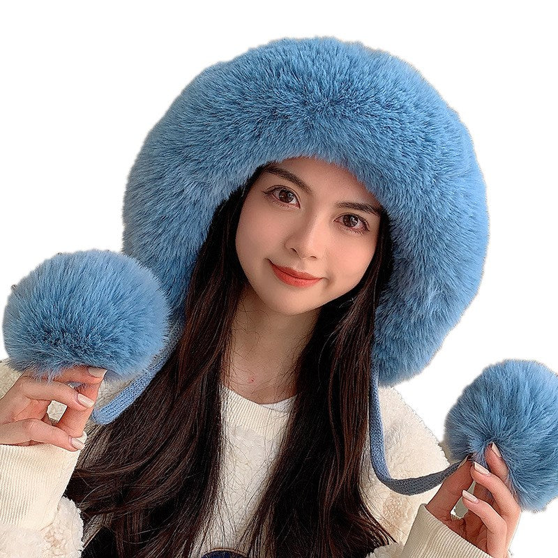 Houndstooth Pom-Pom Knit Beanie with Ear Straps – Warm Plush Winter Hat