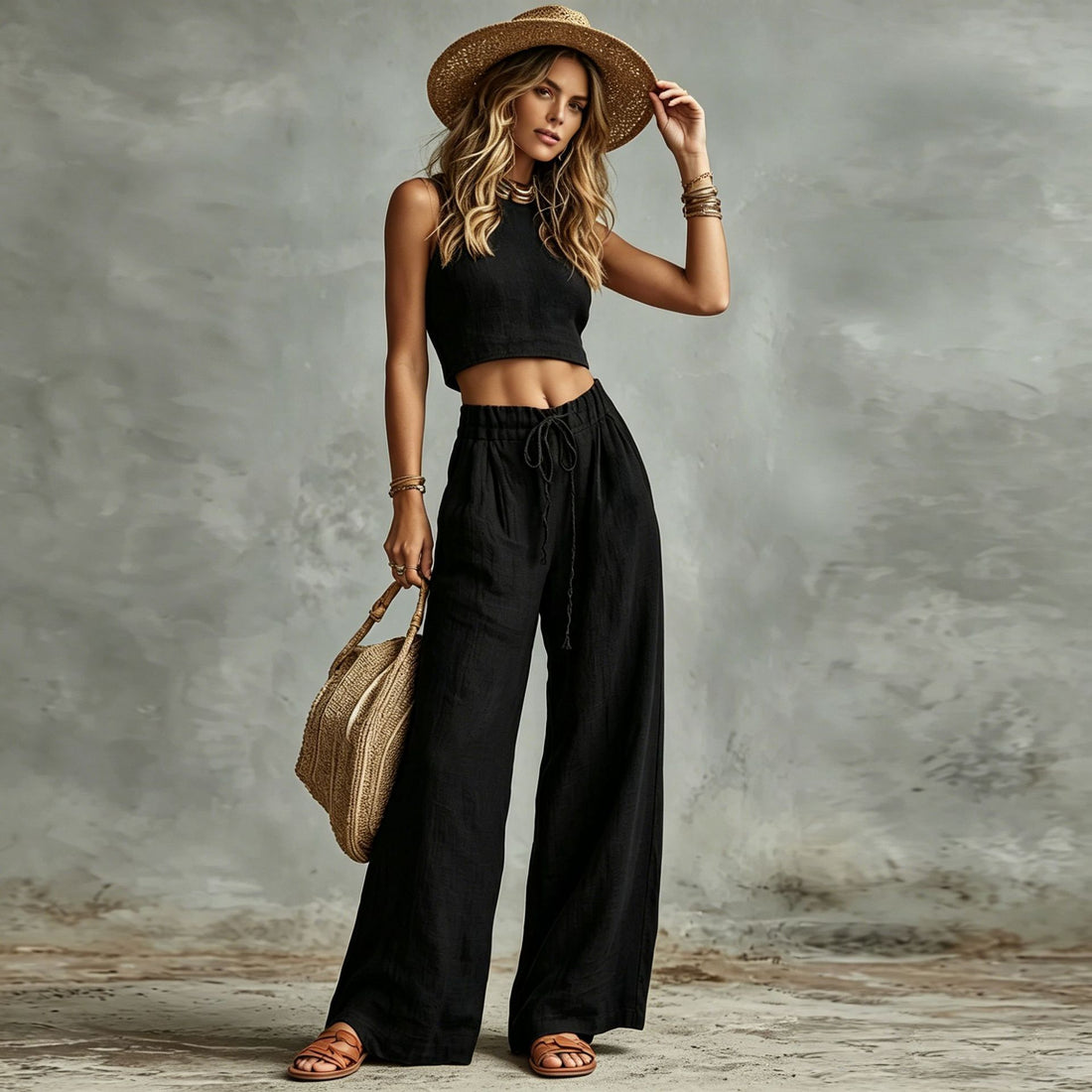 Rust Sleeveless Crop Vest and High-Waist Wide-Leg Pants Set - Image 6