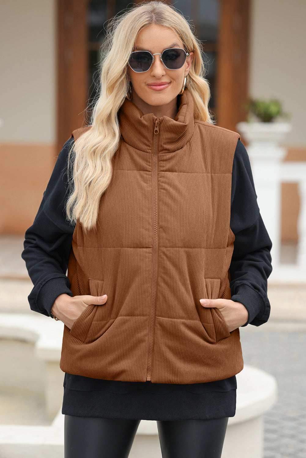 Pocketed Zip Up Turtleneck Vest Coat | Polyester