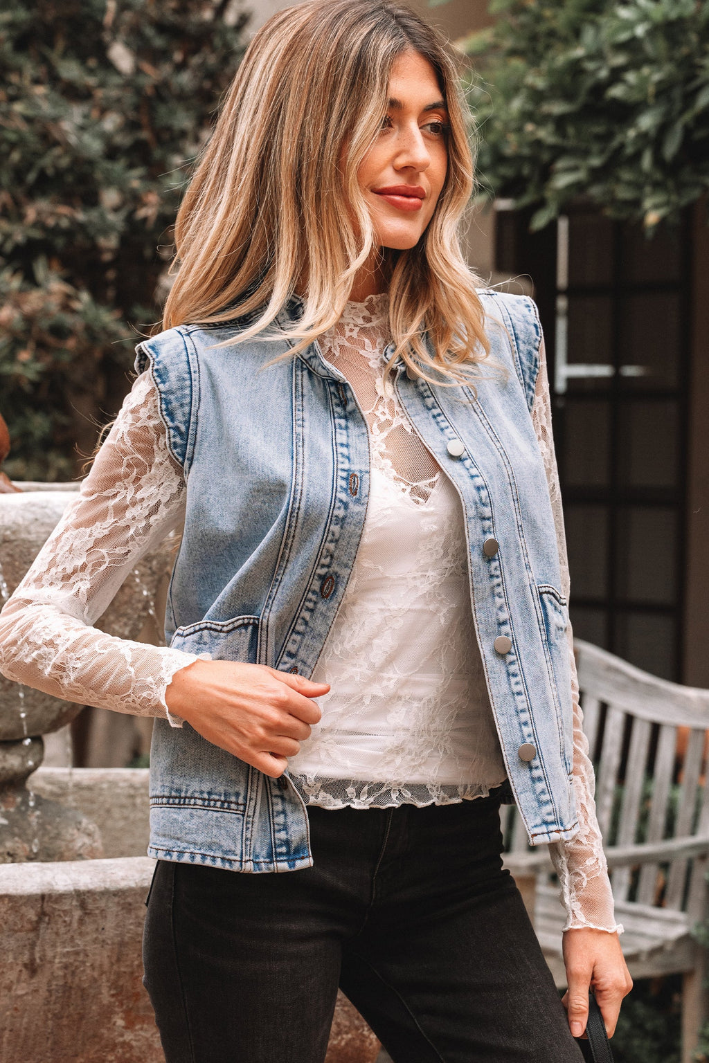 Denim Button-Front Scallop Trim Patch Pocket Vest