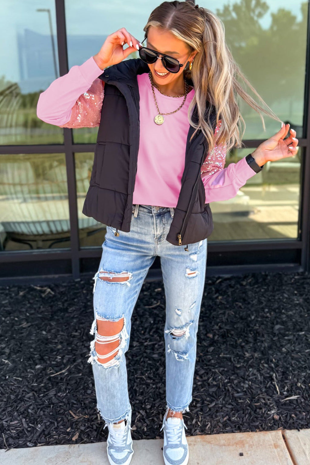 Pink Long Sleeve Sequin Round Neck Pullover Top