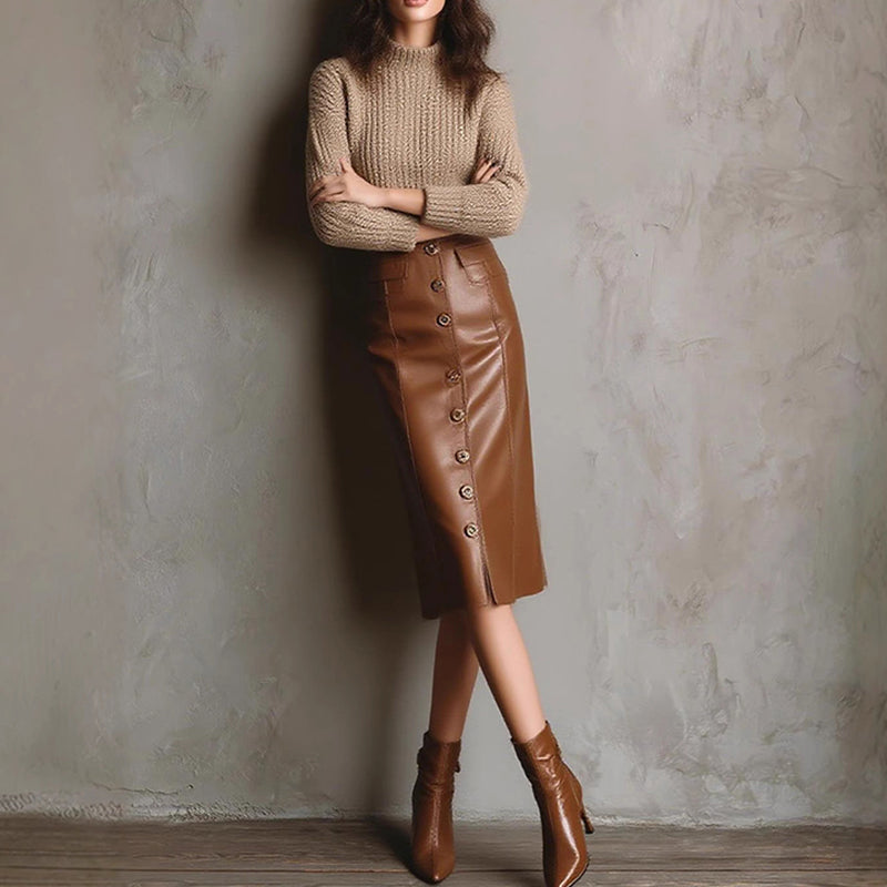 Women's Faux Leather High-Waisted Button Front Midi Skirt