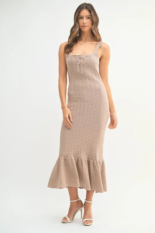 Sleeveless Crochet Knit Midi Dress with Ruffled Hem