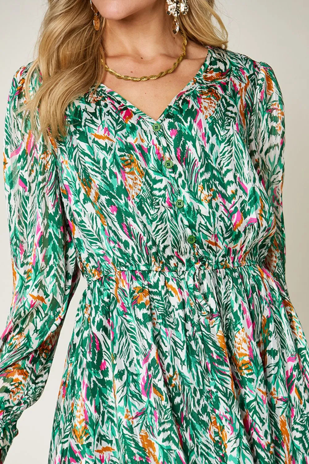 Printed Drawstring Waist Long Sleeve A-Line Dress | V-Neck