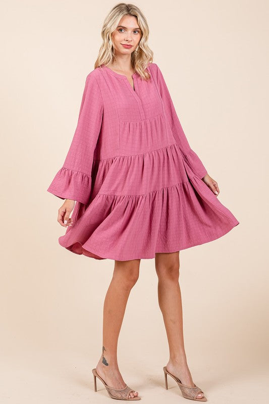 Tiered Notched Flare Sleeve Mini Dress in Mauve Dusty-Rose