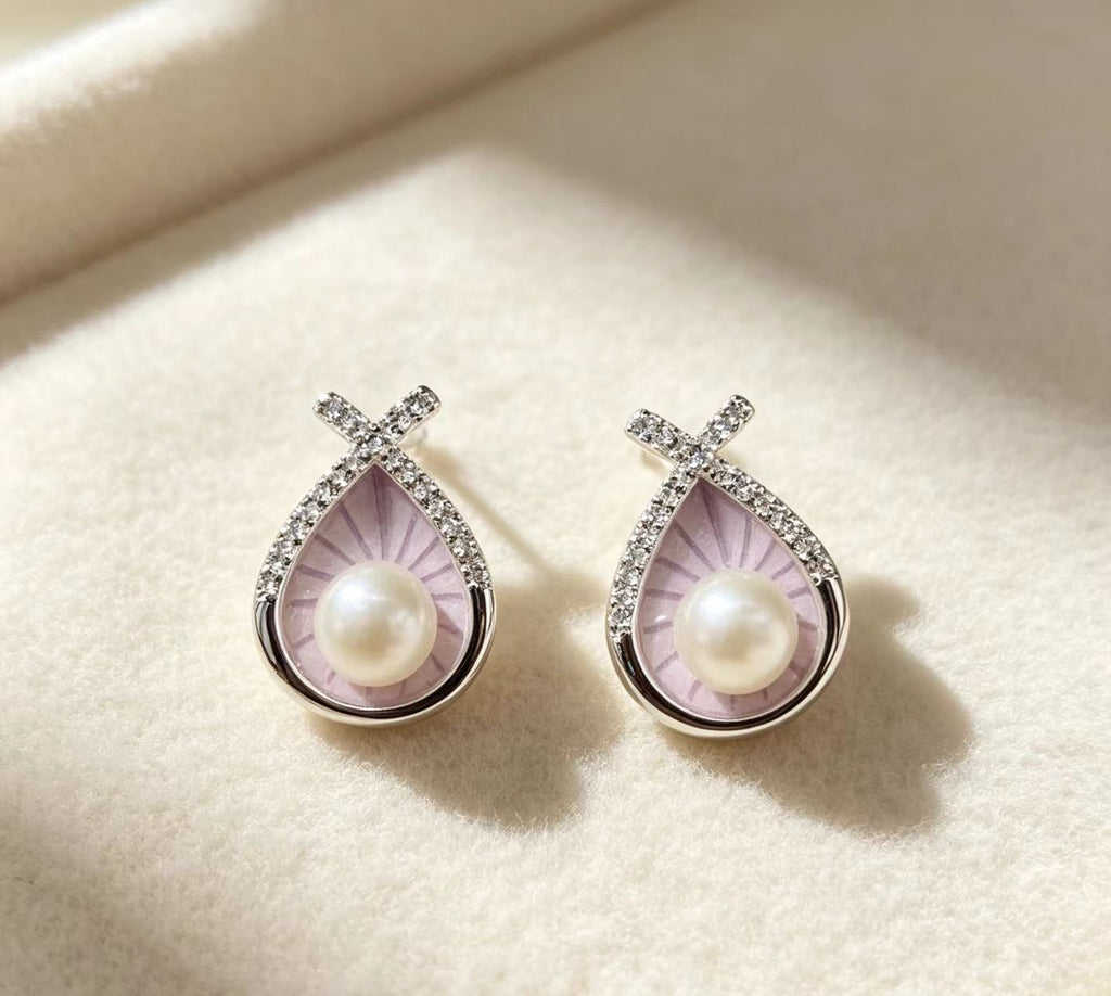 Full Cubic Zirconia Waterdrop Enamel Pearl Earrings