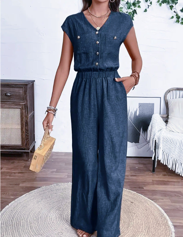 Navy Blue V-Neck Jumpsuit with Buttons & Elastic Waist