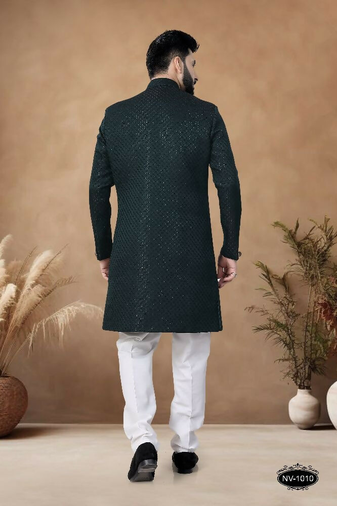 Men's Green Straight Silk Indo-Western Kurta Set with Embroidery