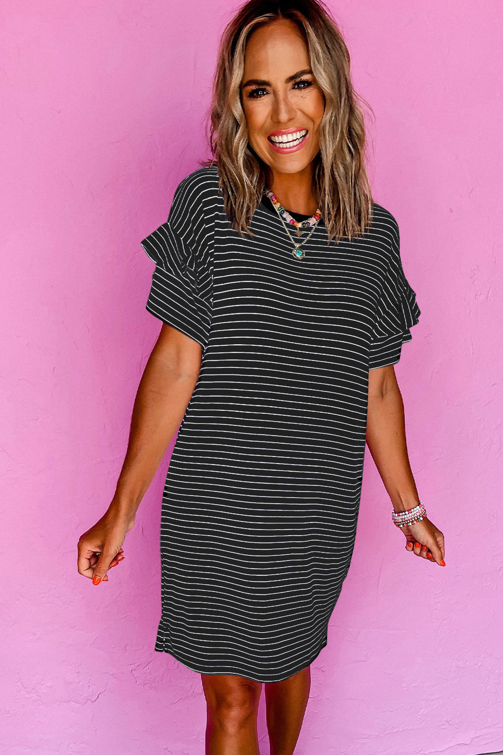 Black Stripe Ruffled Short Sleeve Shift Mini Dress