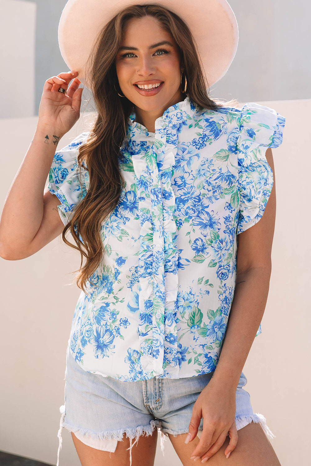 Floral Ruffle Sleeve Button-Up Shirt | Romantic Collared Blouse