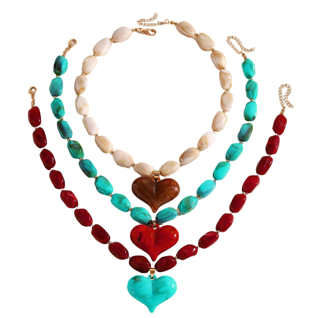 Vintage Bohemian Resin Heart Necklace Sweet and Cool Jewelry