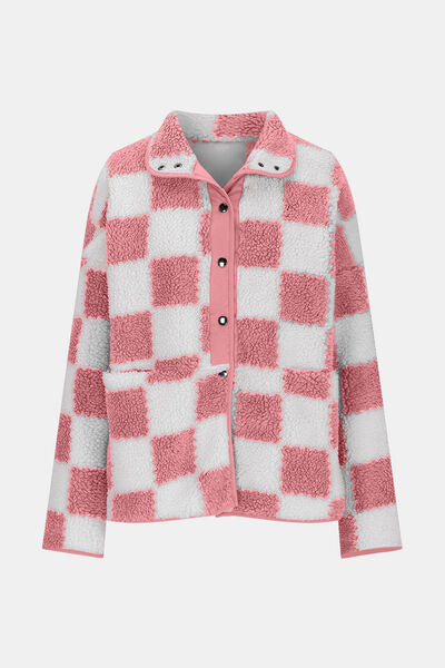 Women’s Checkered Snap Down Teddy Jacket in White and Brown