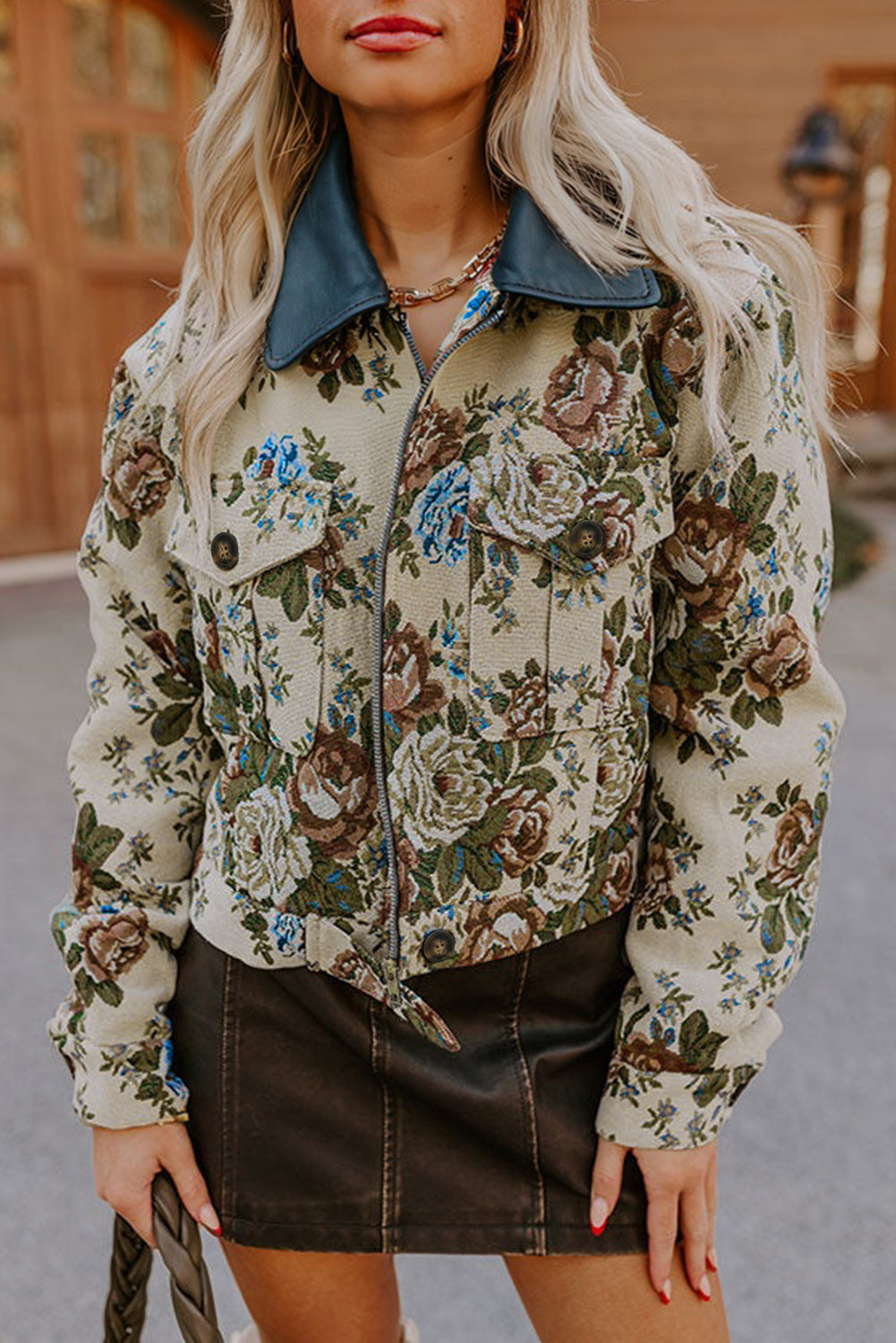 Khaki Floral Print Zip Up Contrast Collared Jacket