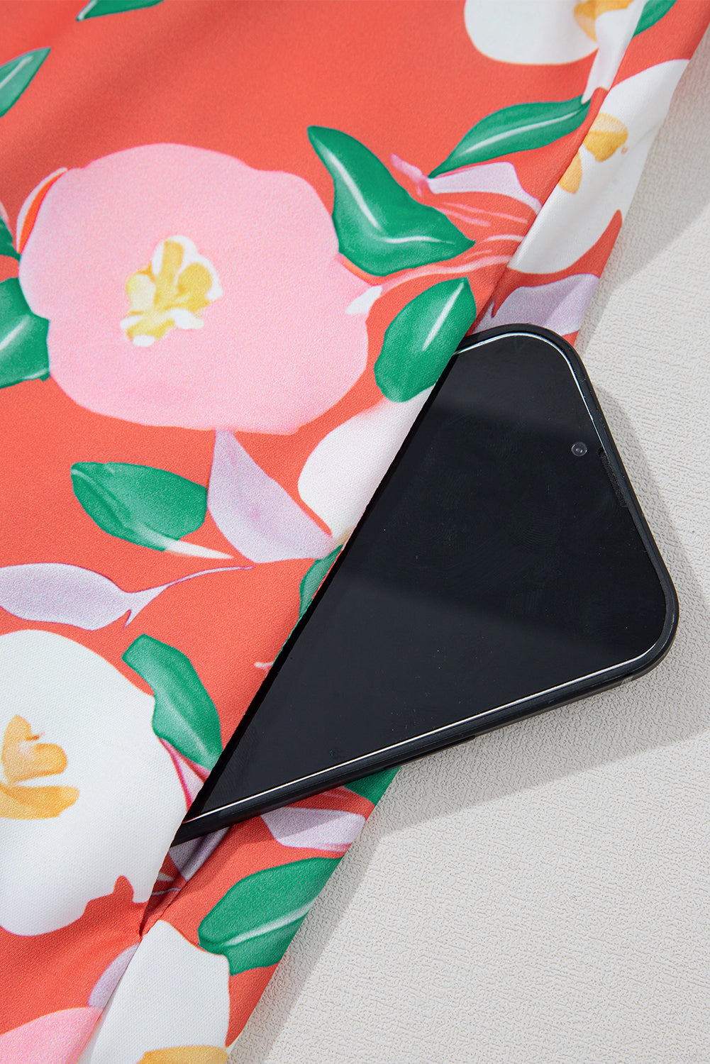 Salmon Floral Print Puff Sleeve Dress with Pop of Color Neckline