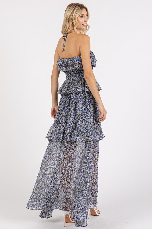 Ruffled Smocked Floral Halter Neck Maxi Dress For Summer – Feminine and Elegant Floral Maxi Dress with Smocked Waist