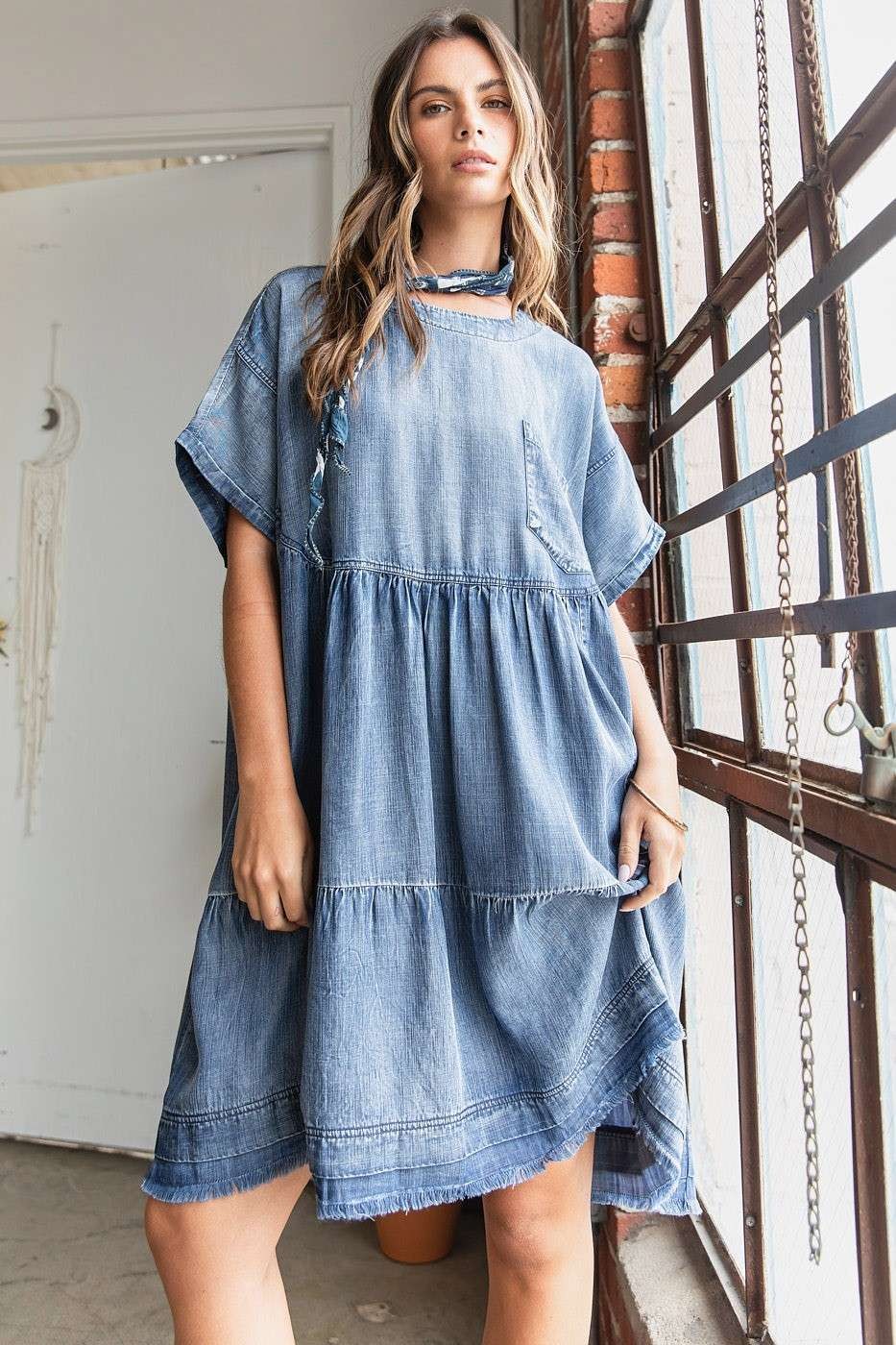 Oversized Denim Mini Dress: Relaxed Bohemian Shift Dress in Blue