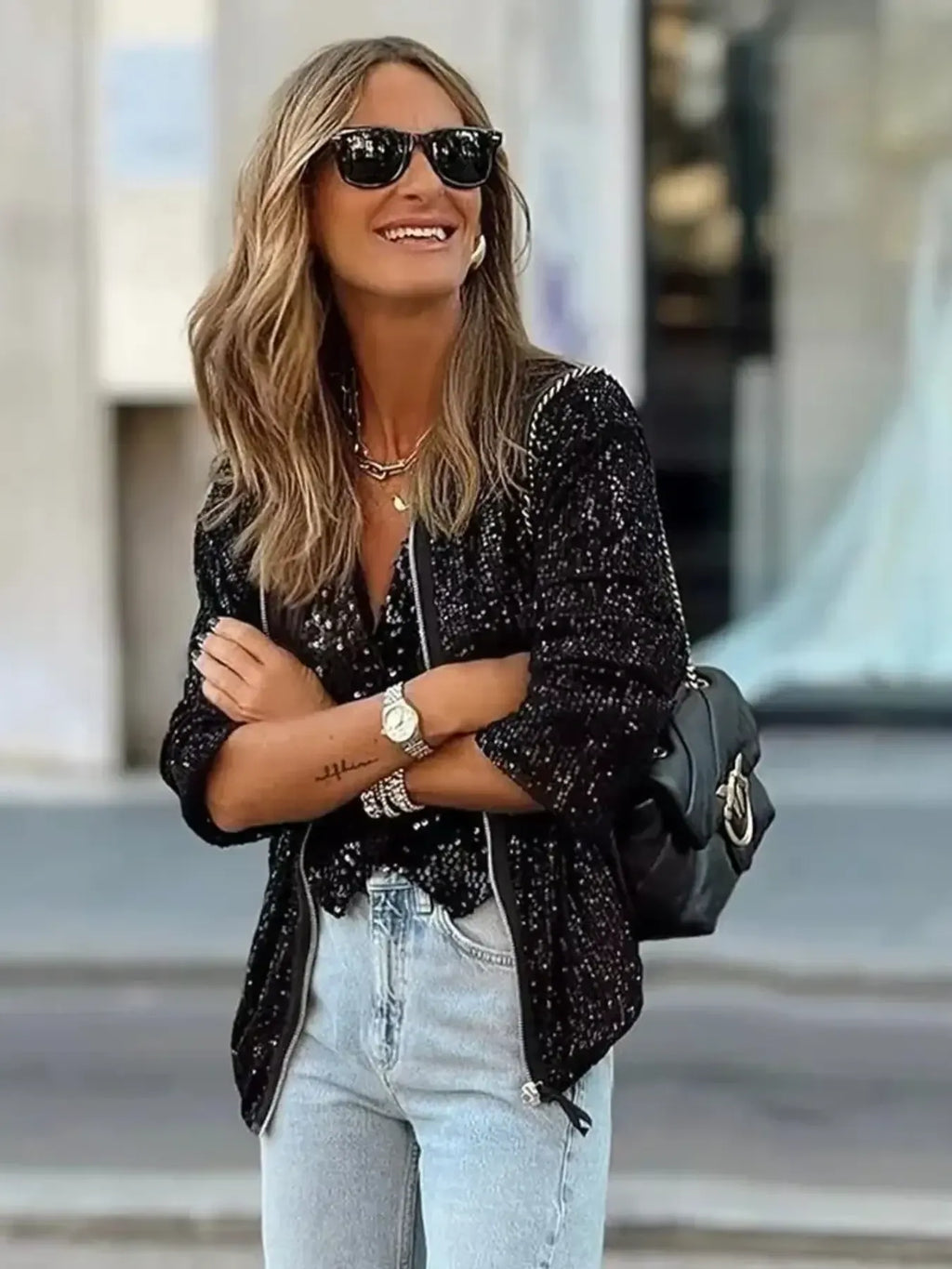 Sequin Zip Up Long Sleeve Jacket