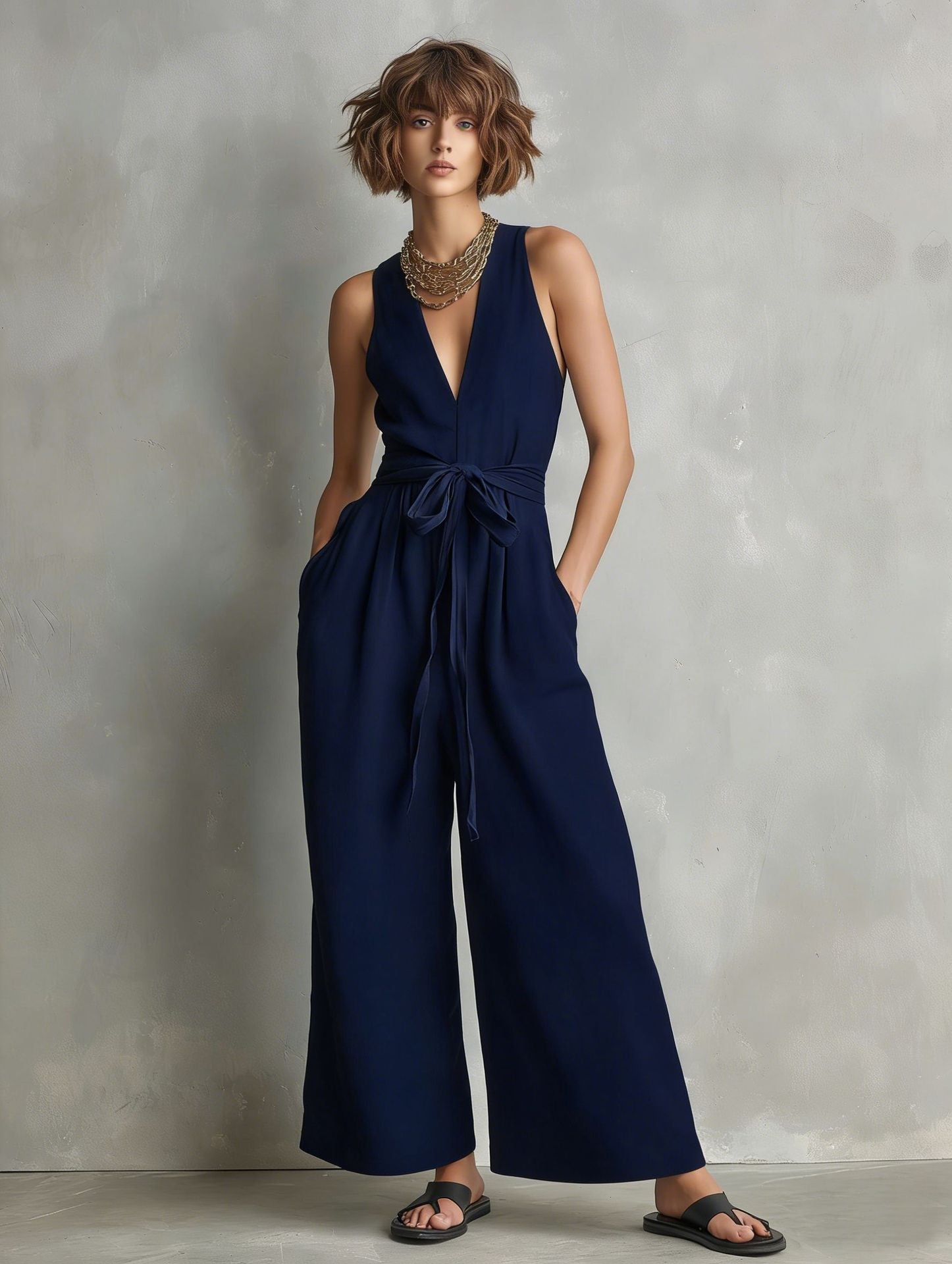 Women's V-Neck Sleeveless Jumpsuit with Waist Tie in Gray - Image 12
