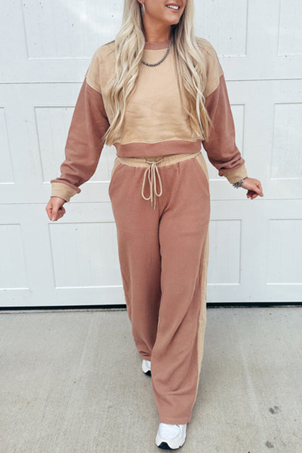 Khaki color block long sleeve crop top with matching drawstring pants