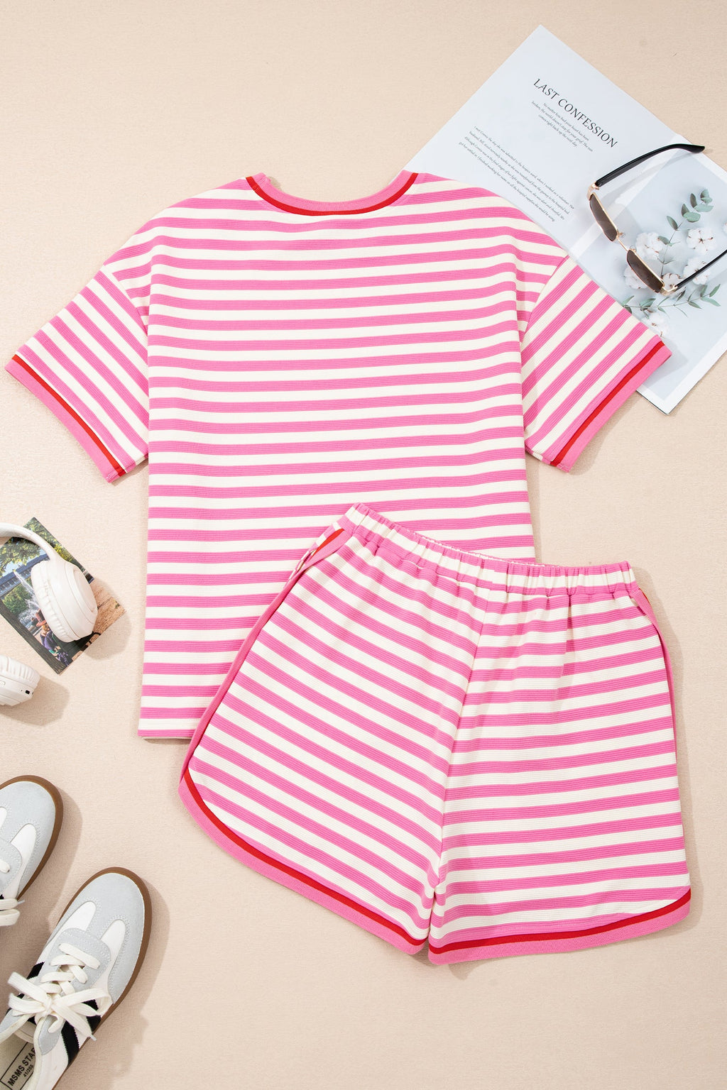 Matilda Trim Short Sleeve Set - Striped Knit Loungewear in Pink