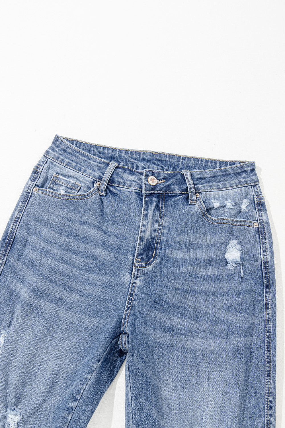 Dusk Blue High Rise Flared Jeans with Ripped Distressed Hem