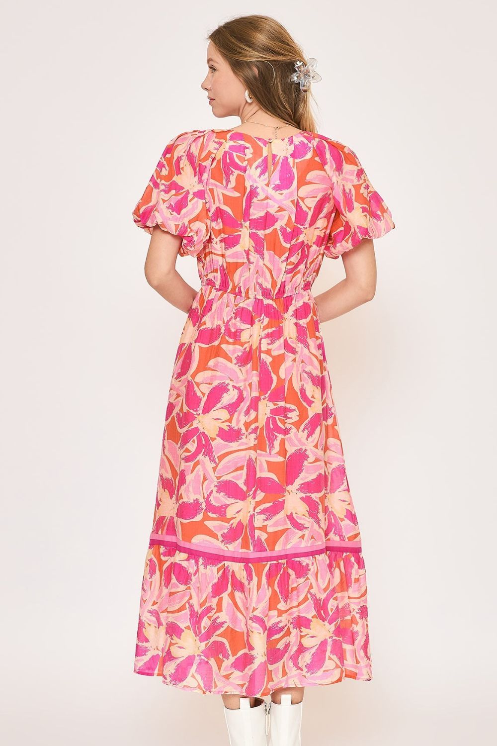 Floral Notched Puff Sleeve Midi Dress in Bright Colors