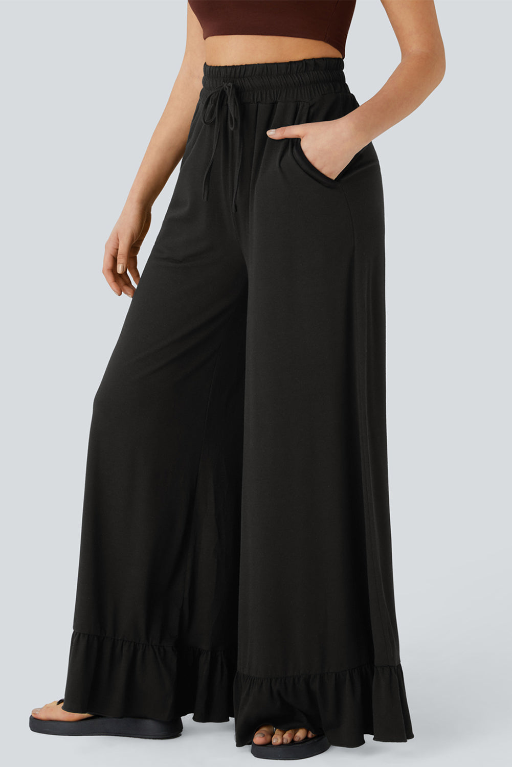 Women’s Wide Leg Knit Pants with Ruffle Hem - Relaxed Bohemian Style