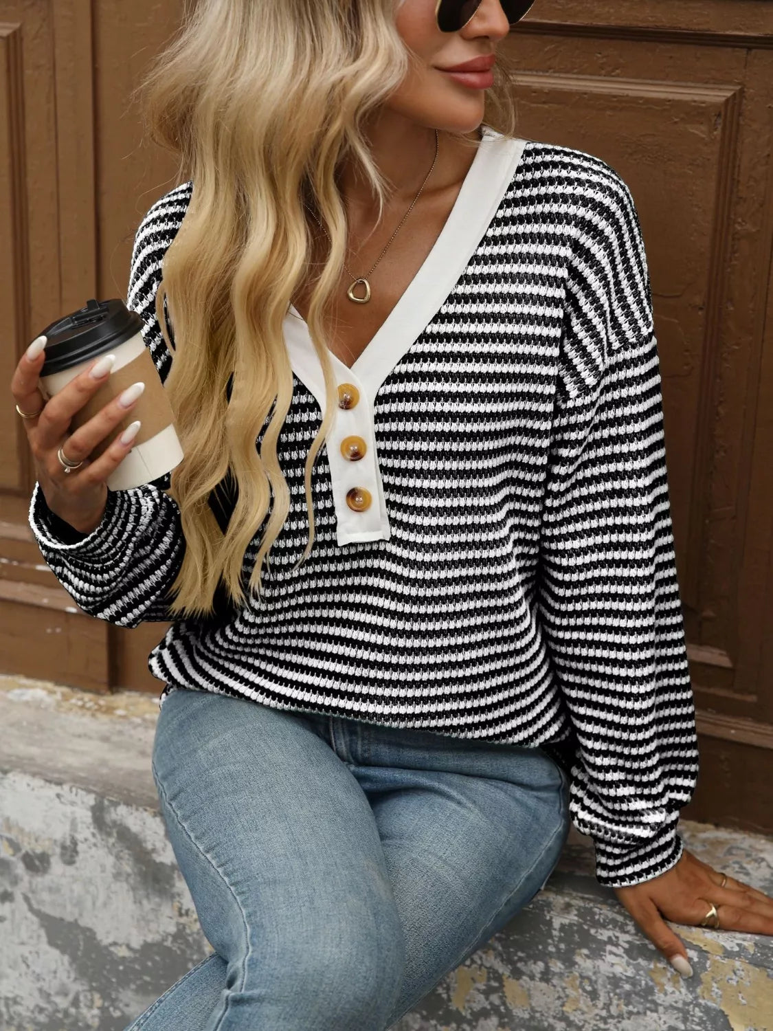 Striped Button Detail Long Sleeve T-Shirt | Viscose Blend